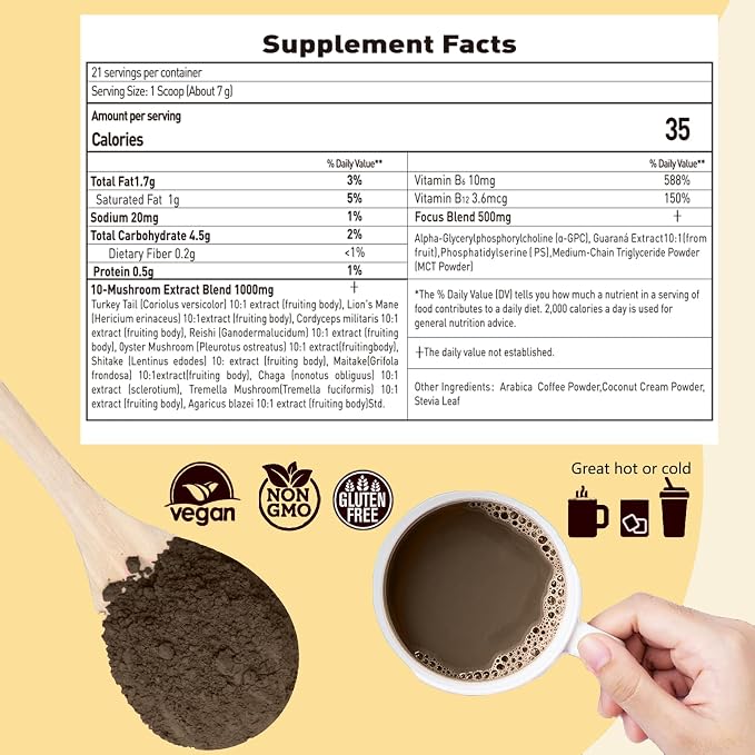 Suiyilary Mushroom Coffee with Focus, 10 Mushroom Extract Powder Blend Lion's Mane, Brain Supplements with Instant Coffee for Energy, Focus, Memory and Immunity 147g 21 Serving