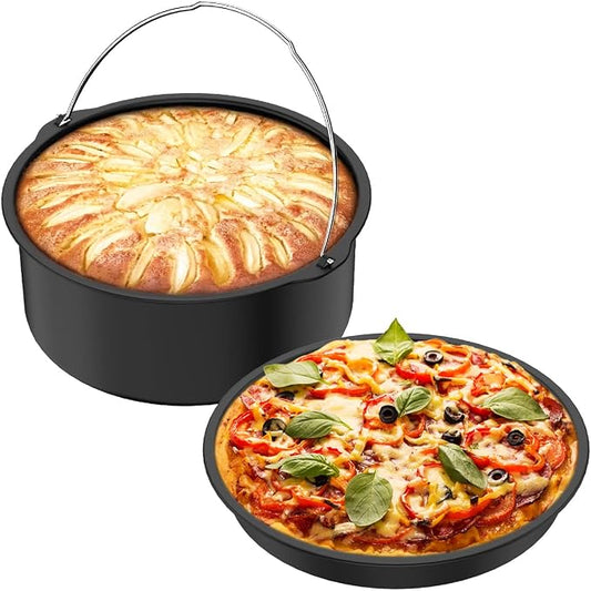 2Pcs Air Fryer Accessories, 7 Inch Air Fryer Pizza Cake Pan and Baking Cake Barrel Deep with Non-Stick Coating,Round Airfryer Baking Cake Pan Accessory Set