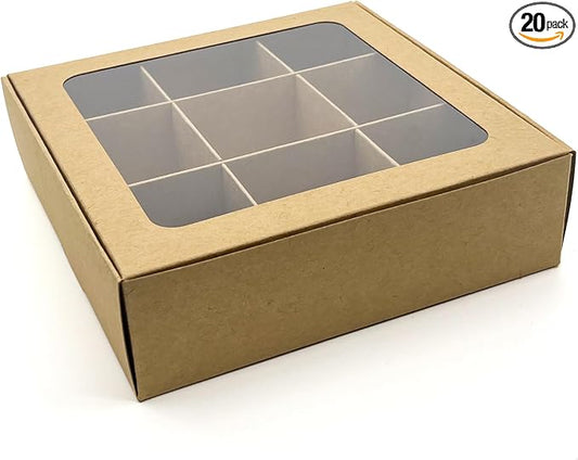 20pcs Kraft Treat Boxes with Window and Dividers | 9 SMALL compartments | 6.5 x 6.5x 1.9 in | Chocolate-covered strawberries supplies, macaron boxes, baked goods packaging
