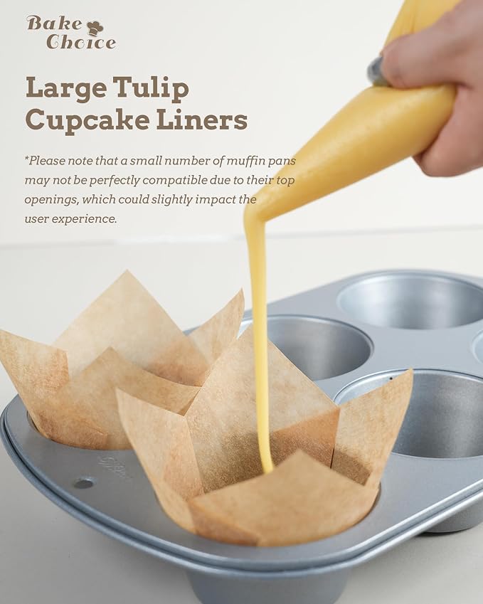 Bake Choice Nordic Paper100pcs Extra Large Size Brown Tulip Cupcake Liners for Baking Cups EU Parchment paper Tulip Muffin Liners, Jumbo Cupcake Wrapper for Party, Christmas