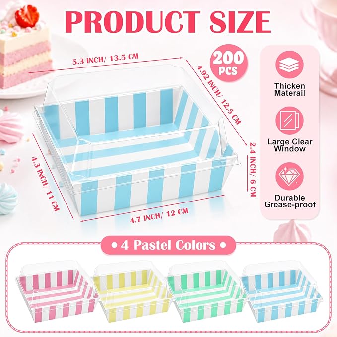 Vesici 200 Pcs 5 Inch Small Charcuterie Boxes with Clear Lids Cake Slice Containers Striped Paper Bakery Boxes Disposable Food Containers for Dessert Cookie Sandwich Mini Cake Strawberry