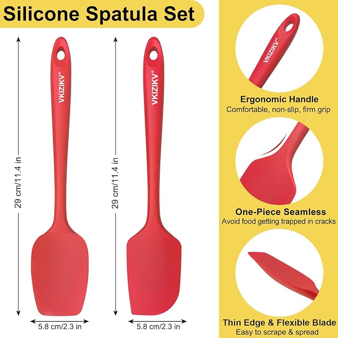 Silicone Spatula Set, 11.4 in, 600°F Heat Resistant (Red) | Food Grade Rubber, BPA Free, Stainless Steel Core, Flexible for Cooking, Baking, Mixing, Seamless, Nonstick & Dishwasher Safe