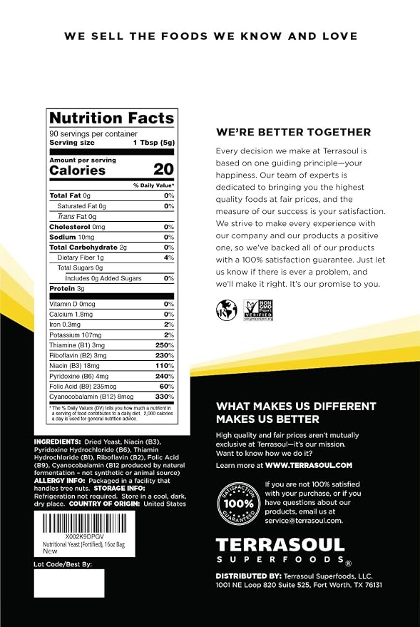 Terrasoul Superfoods Premium Nutritional Yeast Flakes, 16oz - Fortified | Gluten Free | Non-GMO | Vegan