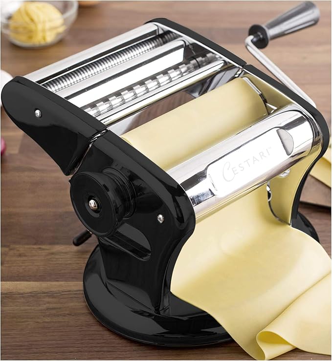 Cestari Stainless Steel Pasta Machine - 150 mm Roller with Patented Suction Base for No-Slip Use - Includes Pasta Cutter, Hand Crank, and Recipes