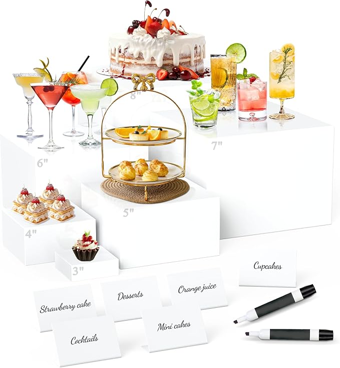6 Pcs Buffet Risers with Mini Sign and Maker, Food Risers Display Stands for Buffet Table Party Catering Dessert Jewelry Collectibles, Nesting Cube Boxes with Hollow Bottoms (8",7",6",5",4",3")