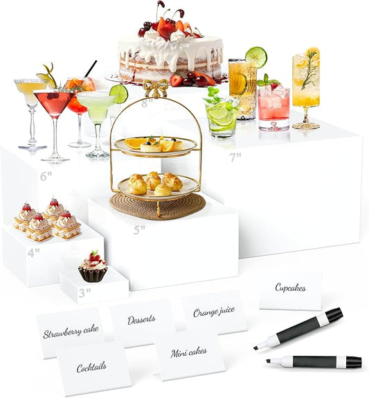 6 Pcs Buffet Risers with Mini Sign and Maker, Food Risers Display Stands for Buffet Table Party Catering Dessert Jewelry Collectibles, Nesting Cube Boxes with Hollow Bottoms (8",7",6",5",4",3")