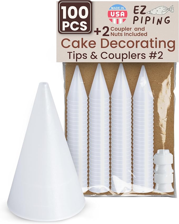 Reusable Plastic Piping Tips - Standard Size Round Tip #2 100 Pack with 2 Couplers Icing Nozzles for Cake Decoration Dessert Design Baking Supplies and Piping Bags Base Ø 0.75", Height 1.25"