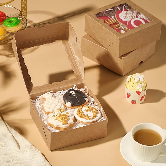 100 Pack 6"x6"x2.5" Brown Square Gift Boxes with Window -Chocolate Covered Strawberries, Small Cake, Cookie, Pastry, Mini Donitas & Cakesickle Truffle Chocolate Boxes