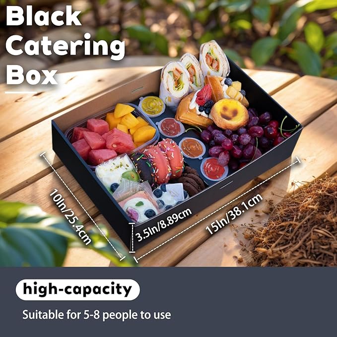 Black Cardboard Grazing Box, 8 PCS Outdoor Platter Serving Box w/Clear Lid for 5-8 People To Go, Stably Filled Disposable Catering Trays w/Lid for Food Take Out (15"x10"x3.5")