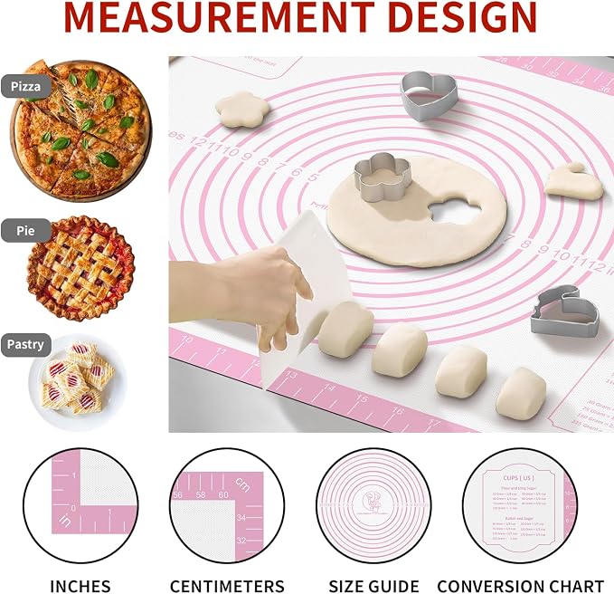 Non-stick Silicone Pastry Mat, Extra Large Baking Mat for Cookie Bread Pizza Pie Crust, Silicone Dough Mat for Rolling, Non-slip& Heat Resistant Pink 32X24 INCH