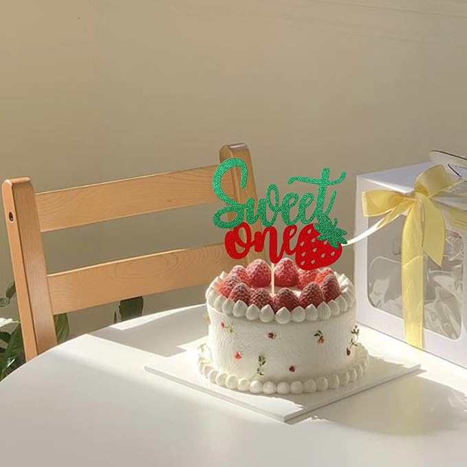 1 PCS Strawberry Sweet One Cake Topper Fruit Theme 1st Birthday Cake Pick Baby Shower Strawberry Cake Decoration for Baby Shower Kids First Birthday Anniversary Party Decorations Supplies Green Red