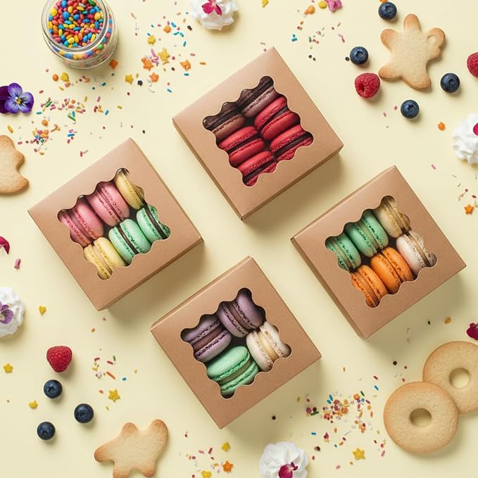 TOMNK 150pcs 4x4x2.5 Inch Cookie Boxes with Window, Small Pastry Boxes, Small Bakery Boxes for Cake, Treats, Donuts, Candy (Brown)