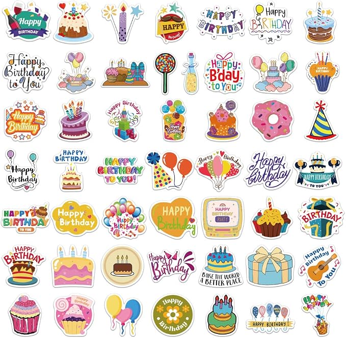 Cute Happy Birthday Stickers for Kids Teens Adults Girls, 50Pcs Kawaii Funimost Vinyl Waterproof Stickers Pack for Water Bottle Laptop Scrapbook, Birthday Gift Decals, Party Supplies
