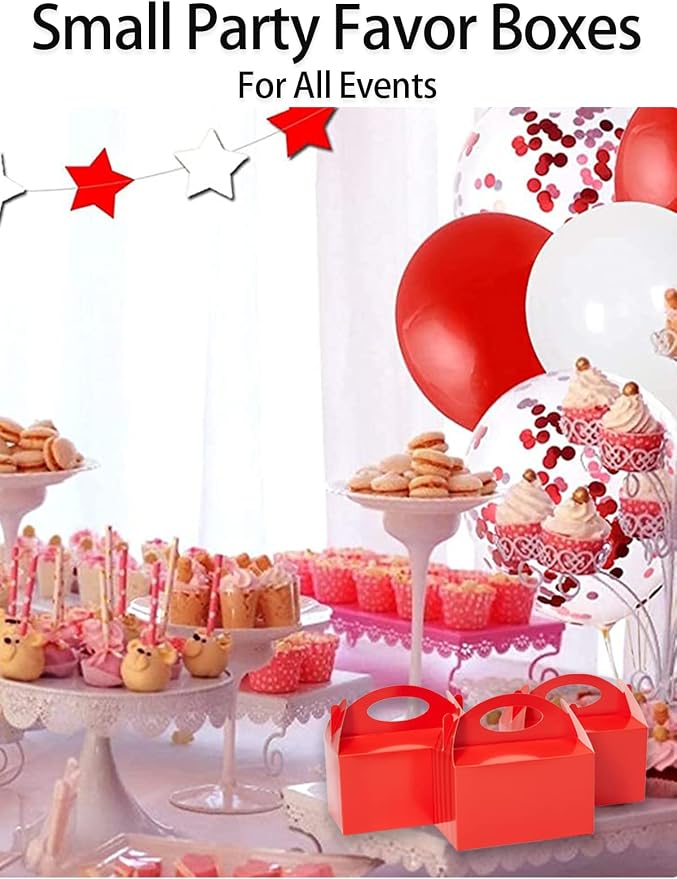 P6RD50 Happyhiram 50 Count Red Party Favor Boxes, Treat Boxes with Handles 6" Gable Boxes Candy Boxes Party Favor Paper Gift Boxes for Kids Birthday Baby Shower Bridal Shower