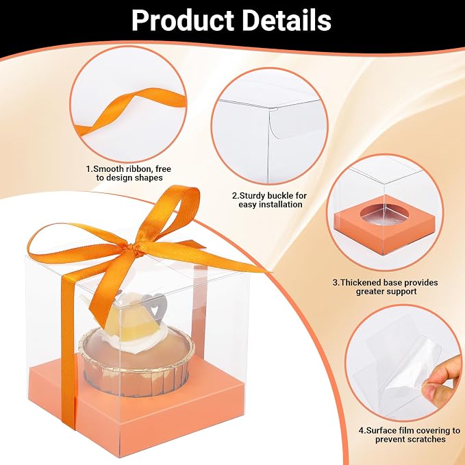 EUSOAR Individual Cupcake Boxes, 12 Pack 3.5 Inch Transparent Dessert Pastry Muffin Cupcake Containers with Inserts and Ribbon, Muffins Gift Holder Mini Cake Carrier for Wedding Party Favor Bakery