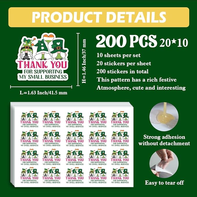 200 PCS St. Patrick's Day Business Packaging Stickers,Thank You for Supporting My Small Business Sticker for Envelopes Shipping Boxes Product Packaging