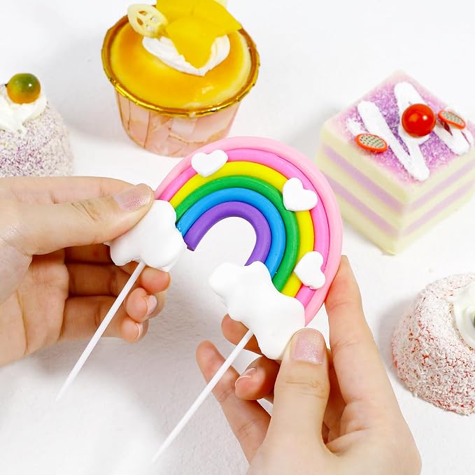 Rainbow Cake Topper - Soft Pottery Heart Cloud Decorations, Colorful Cupcake Topper, Personalized Reusable Happy Birthday Party Supplies