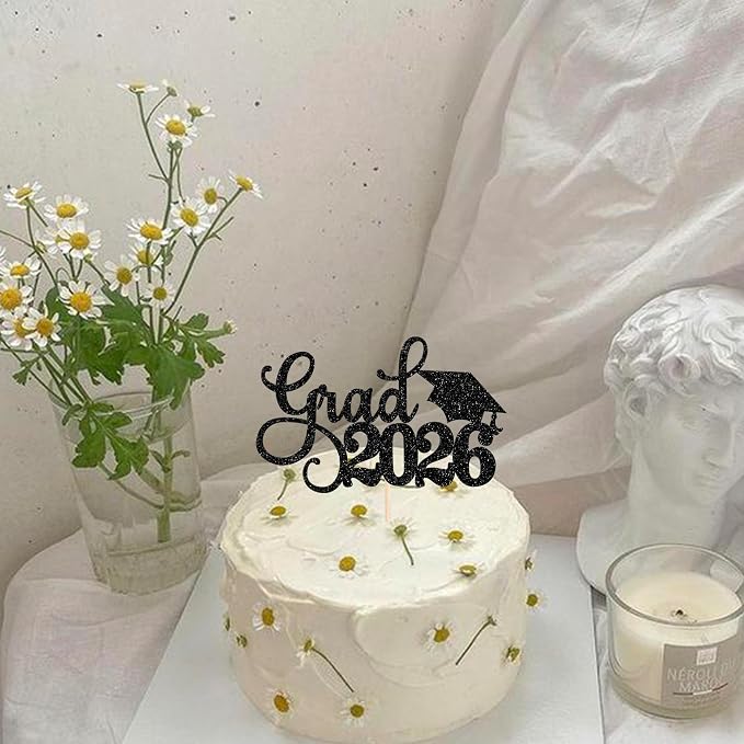 1 Pack Grad 2026 Cake Topper with Glitter Congrats Grad Cap Class of 2026 Cake Pick Decorations for 2026 Graduation Theme School Boys Girls Graduate Party Supplies Black