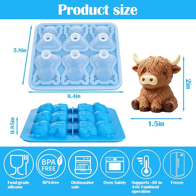Palksky Highland Cow Silicone Mold, 6 Cavity 3D Cute Cow Chocolate Candy Mold, Food Grade Tray for Baking, Ice Cube, Jello
