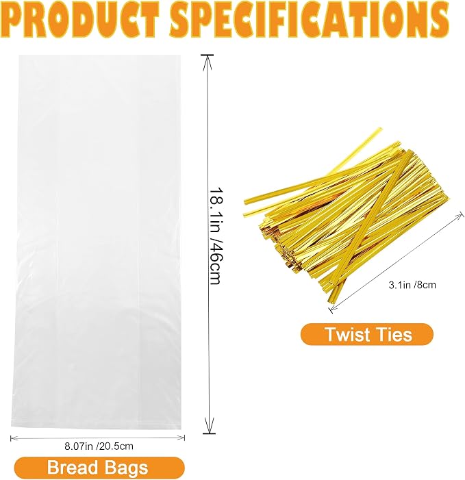Homrelaxy 120Pcs Plastic Bread Bags for Homemade Bread and 120 Ties, 18 x 8 x 4 Inch Reusable Clear Loaf Bags, Adjustable, Perfect for Home Bakers and Bakeries (120Pcs)