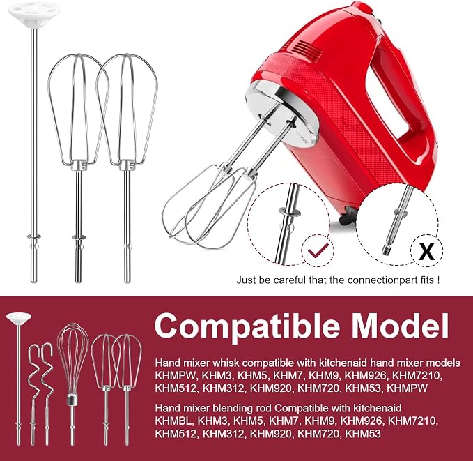 Hand Mixer Accessories and Attachments Beater, Whisk for Kitchenaid Mixers | Set of 6 Stainless Steel Hand Mixer Beater, Whisk, Blending Rod and Dough Hooks Compatible with Kitchenaid KHM3 KHM5 KHM7