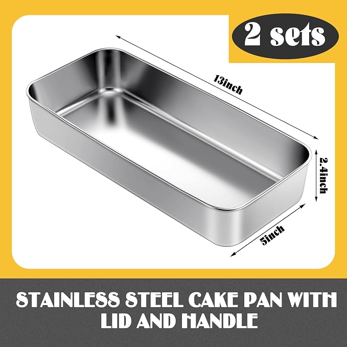 Funnymoom 2 Pcs Large Stainless Steel Cake Pan 13" x 5" Rectangle Nonstick Bread Loaf Baking Pan Sheet Bakeware for Fish Cakes Breads Casseroles Vegetables Dishwasher Safe