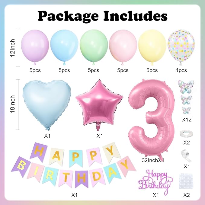 3rd Birthday Decoration for Girls,Easter Pastel Rainbow Macaron 3rd Birthday Balloon Number 3 Balloon Butterfly Stickers Star Heart Foil Balloons Banner Party Decoration for 3 Year Old