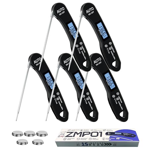 5 PCs Fast 1.2s Instant Read Meat Thermometer for Grilling & Smoking, ±1°F Accuracy with Calibration, Reversible Backlit LCD for Left/Right Hand, Magnetic Digital Food Thermometer for BBQ, Candy, Oil