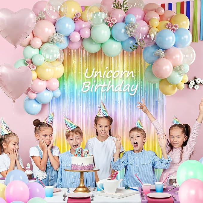 157PCS Pastel Balloons Arch Garland Kit with Macaron Rainbow Fringe Curtain for Birthday Bridal Baby Shower Wedding Valentine's Day Pride Month Block Party Decorations