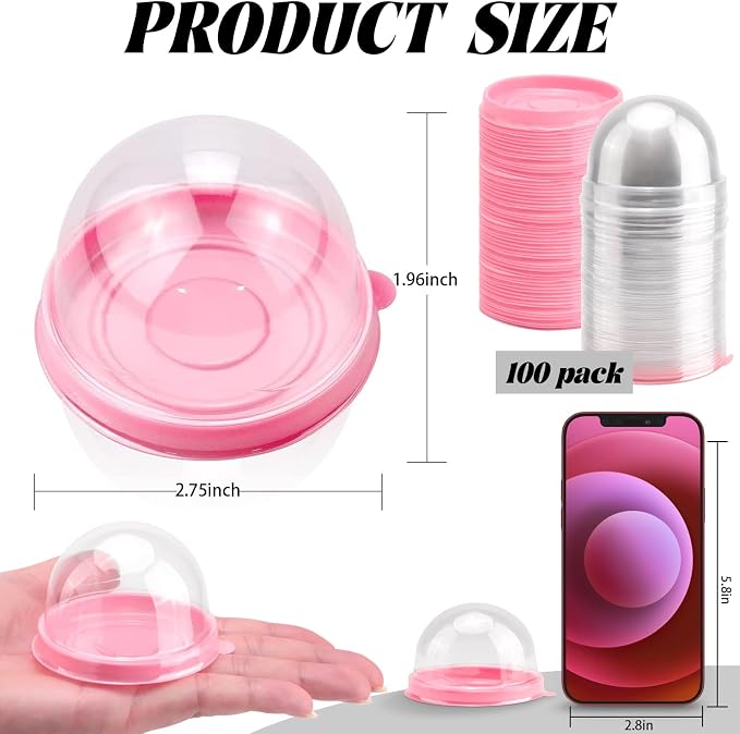 PRALB 100 Set 2.75x2.75x2 inch Mini Cupcake Boxes Clear Plastic Muffin Pod Dome Muffin Single Container Box Wedding Birthday Gifts Supplies for Cheese Pastry Dessert Mooncake (round, pink)