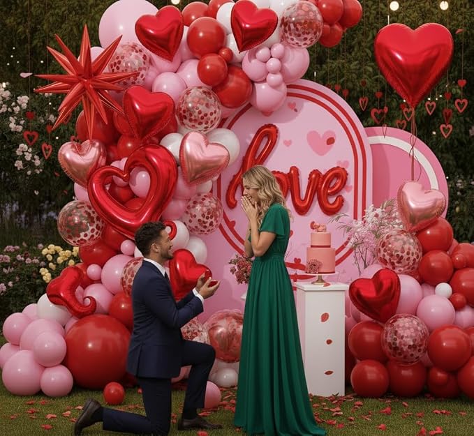171pcs Valentines Day Balloons Garland Arch Kit, Pink White Red Confetti Heart Balloons Love & Star Foil Balloons Rose Petals for Birthday Wedding Anniversary Galentine's Day Party Decorations
