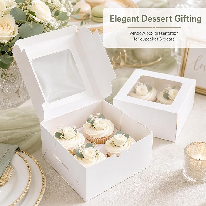 Cupcake Boxes 4 Count with Window, Bakery Boxes, Muffin Containers, Food Grade, Easy Assembly for Candies, Mini Cakes and Baked Goods - 6.3x6.3x3, 30 Pack