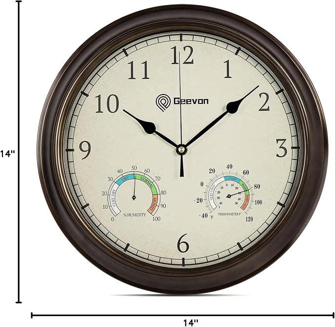 Geevon 14 Inch Retro Wall Clocks Battery Operated with Hygrometer and Thermometer Combo, Silent Wall Clock Non-Ticking Quartz Decorative for Kitchen Living Room School Bedroom