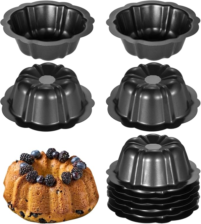 Homaisson Mini Fluted Tube Pan - 10 Pcs, 4.5Inch Carbon Steel Mini Cake Molds, Nonstick Reusable Oven Baking Mold for Cupcake, Bread, Bavarois, Brownie