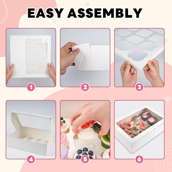 NPLUX 24 Pack Cupcake Boxes, 12 Count Cupcake Containers with Window and Cardboard, Food Grade Cupcake Carrier For Muffins Cupcakes Desserts (White 13.8×9.5×4 In)