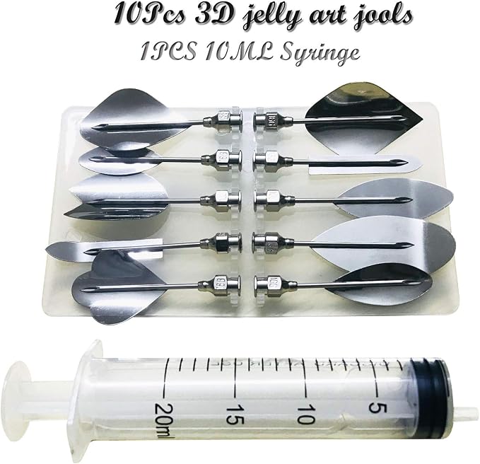 Woohome Art Cake Tools, 11 PCS 3D Gelatin Jelly Tools Includes 10 PCS Gelatin Tools and 1 PCS 10ml Syringe Pudding Pastry Nozzles for Cake Decoration, Jelly Cake making