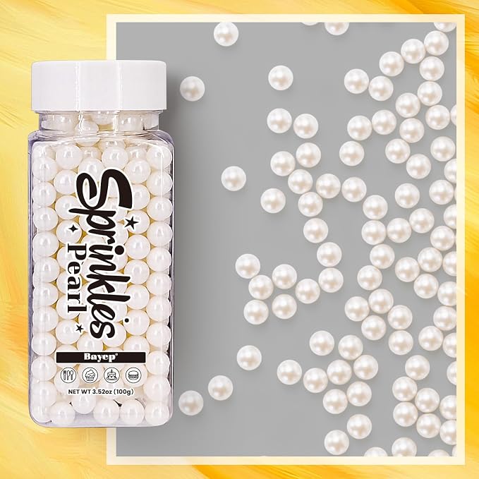 Bayep Edible Pearls for Cake Decorating 7mm White Sprinkles for Cookies, Baking, Ice Cream, Cupcake Topper Pearl Sprinkles Perfect for Wedding Party Valentines Christmas Holiday Supplies 3.52 Ounce