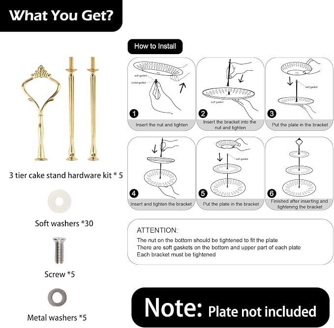 3 Tier Tiered Tray Hardware Kits Fruit Cake Plate Handle Fitting Hardware Rod Dessert Stand Holder Golden Crown 5 Set（Plate not Included）