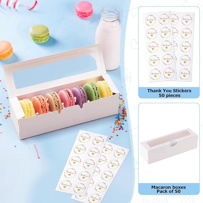 50 Pack Macaron Boxes with Window - 7.3x2x2 in Macaron Packaging Containers Holds 6-8 pcs, Small Cookie, Candy and Truffle Boxes for Gift Giving