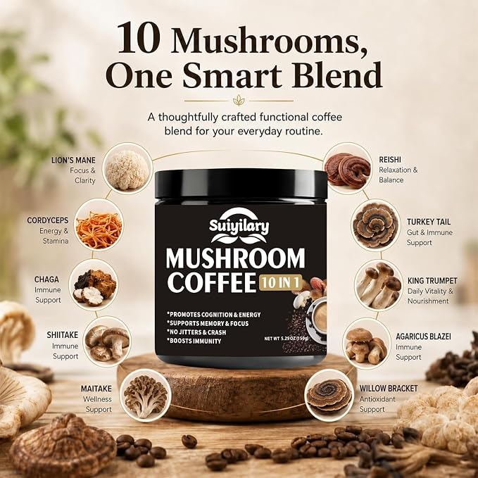 Suiyilary Mushroom Coffee, 10 Mushroom Extract Powder Blend Lion's Mane, Reishi, Chaga, Cordyceps, Turkey Tail, Brain Supplements with Instant Coffee for Energy, Focus, Memory and Immunity 150g