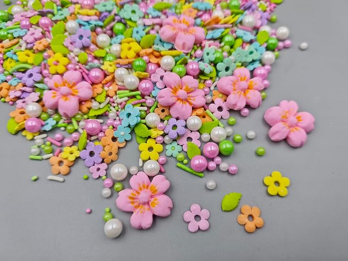 Colorful Mini Spring Flowers Sprinkles, mixed with 6 pcs Pink Edible Flowers, 4.6 oz, White Green Pink Sugar Pearls Leaf and Jimmies for Easter Cake Decorating Cupcake Toppers Cookie Dessert Decorations