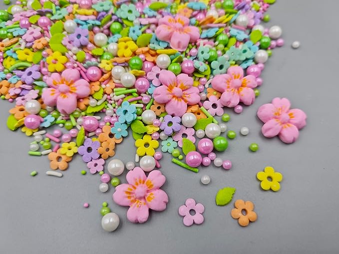 6 Large Pink Edible Flowers Mixed with Colorful Mini Flowers Sprinkles, White Green Pink Sugar Pearls Leaf and Jimmies for Cake Decorating Cupcake Toppers Cookie Dessert Decorations, 4.6 oz