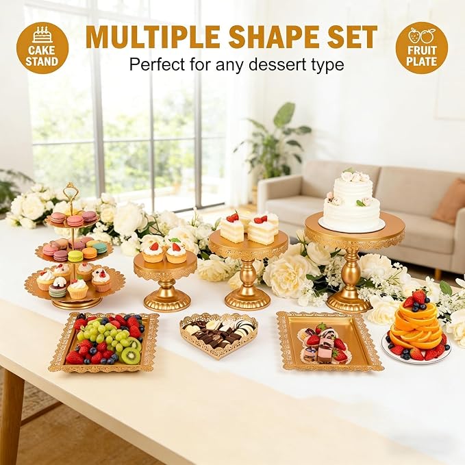 12 Set of Gold Cake Stand, Metal Gold Cupcake Stand and Bases para Postres de Mesa, Elegant Gold Dessert Stands for Party and Wedding, Easy to Clean Desert Table Display Set