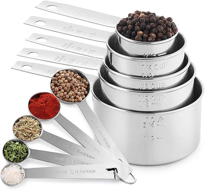 Laxinis World Stainless Steel Measuring Cups and Spoons Set, 10-Piece | Satin-brushed Steel, Engraved Metric and US Standard Markings, Elongated Handles, Nesting Ring Storage, and Dishwasher Safe