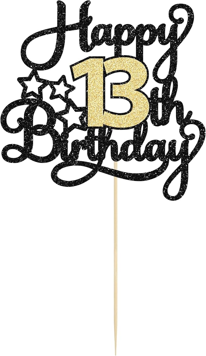 1Pc Happy 13th Birthday Cake Topper Black Gold Glitter Cheers to 13 Years Birthday Cake Pick 13 Official Teenager Cake Decoration for Happy 13th Birthday Anniversary Party Supplies