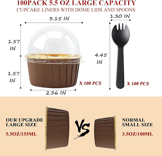 Foil Cupcake Liners With Dome Lids 100 Pack,LNYZQUS 5.5 Oz Muffin Cups Muffin Tins,Disposable Ramekins Cupcake Cups Wrappers Holders,Large Muffin Liners Baking Cups,with Spoons-Brown in Gold