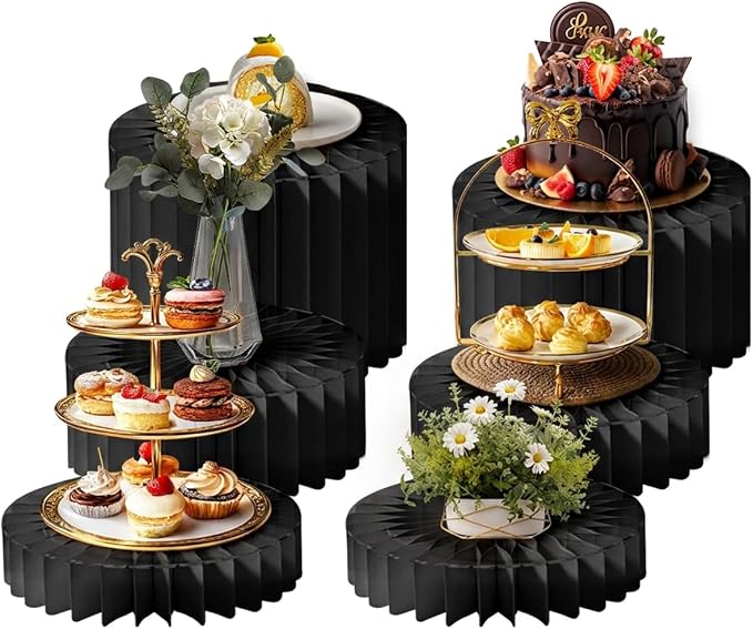 6 Pcs Buffet Risers Food Display Risers with Mini Sign, Buffet Table Risers Display Stands Cake Stand Cylinder Stands for Party Dessert Jewelry Collectibles (Black)