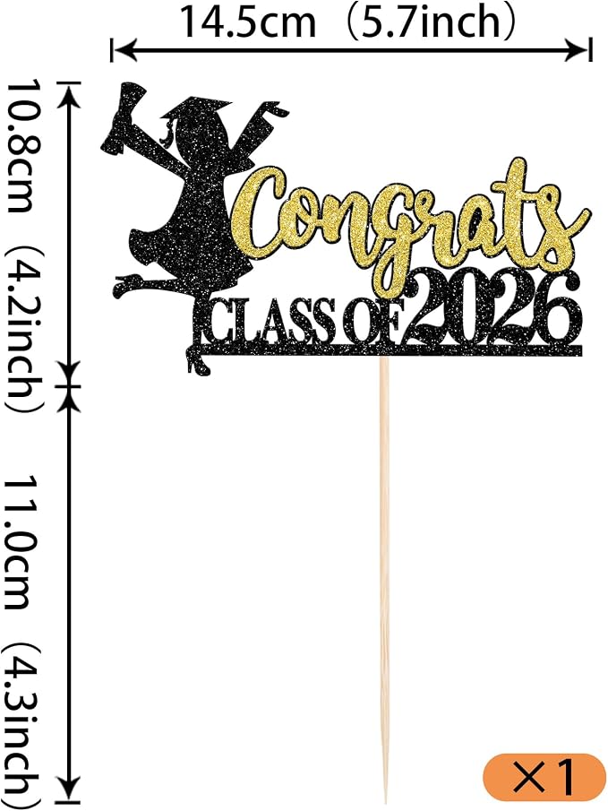 1 Pack Congrats Class of 2026 Cake Toppers Graduation Girl Cake Picks Glitter 2026 Graduation Cake Decorations for Theme High School Girls Graduate Cake Decorations Party Supplies Gold Black