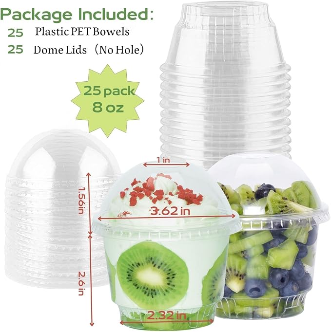 8 oz Clear Plastic Dessert Cups with Dome Lids (25Sets) - Disposable Snack Bowls (No Hole) for Cereal Parfait, Yogurt, Cupcakes, Pudding, Jello and Individual Desserts at Party