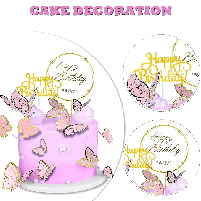 60Pcs Butterfly Cupcake Topper Pink Gold, Lively 3D Butterflies with 2Pcs Happy Birthday Topper for Cake Decor Birthday Anniversary Kids Wedding Girl Women Party Wall Food Decorations,Mixed Size